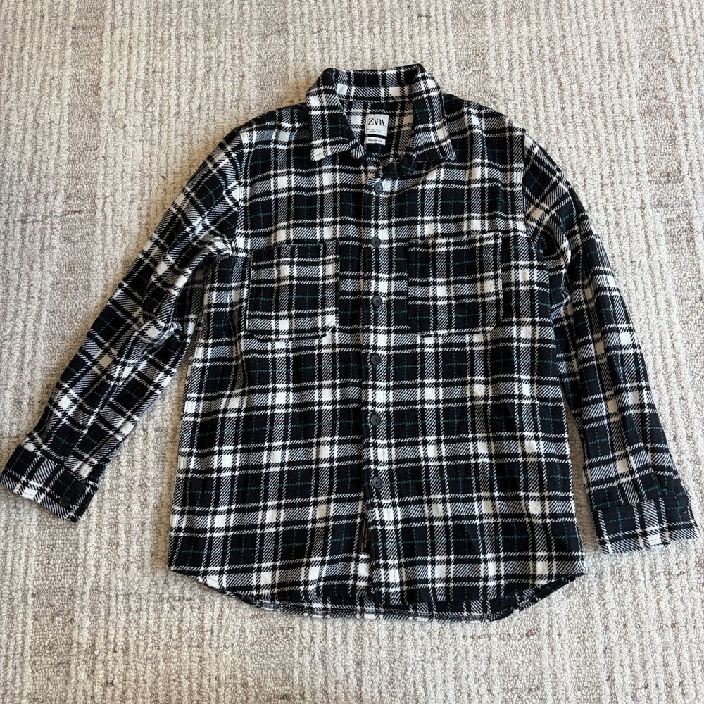 Zara Man Relaxed Fit Flannel Shirt Black White Green Plaid Large Button Down